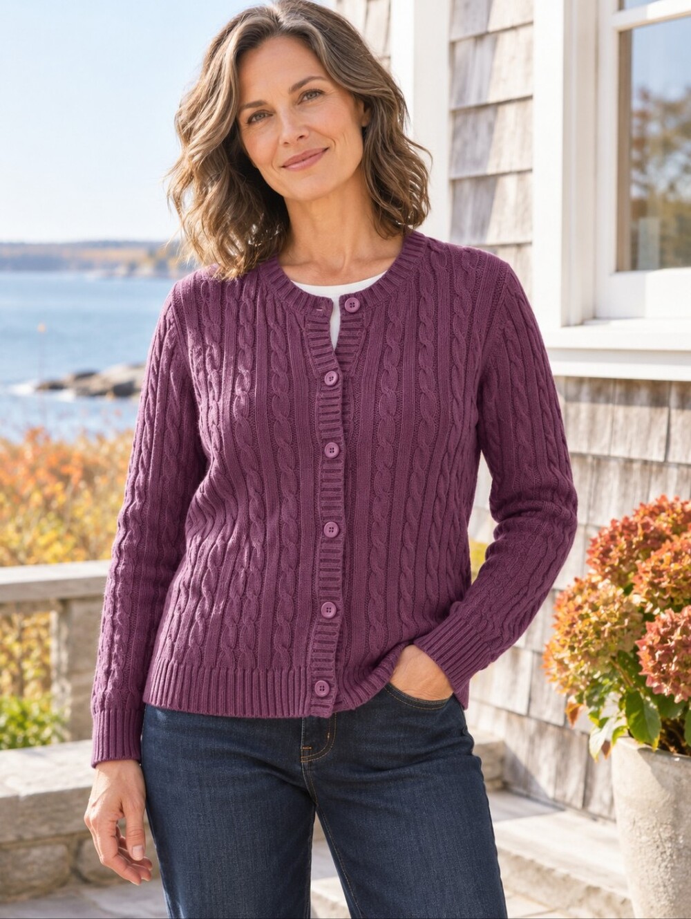L.L.Bean Original Double L Cable Knit Cotton Cardigan Purple Women's M